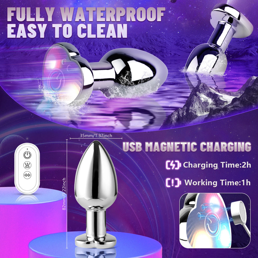 Remote Vibrating Heart-Shaped App Control Man and Woman Metal Anal Plug Adult Luminous Electric Anal Dildo Couple Intimate Toys