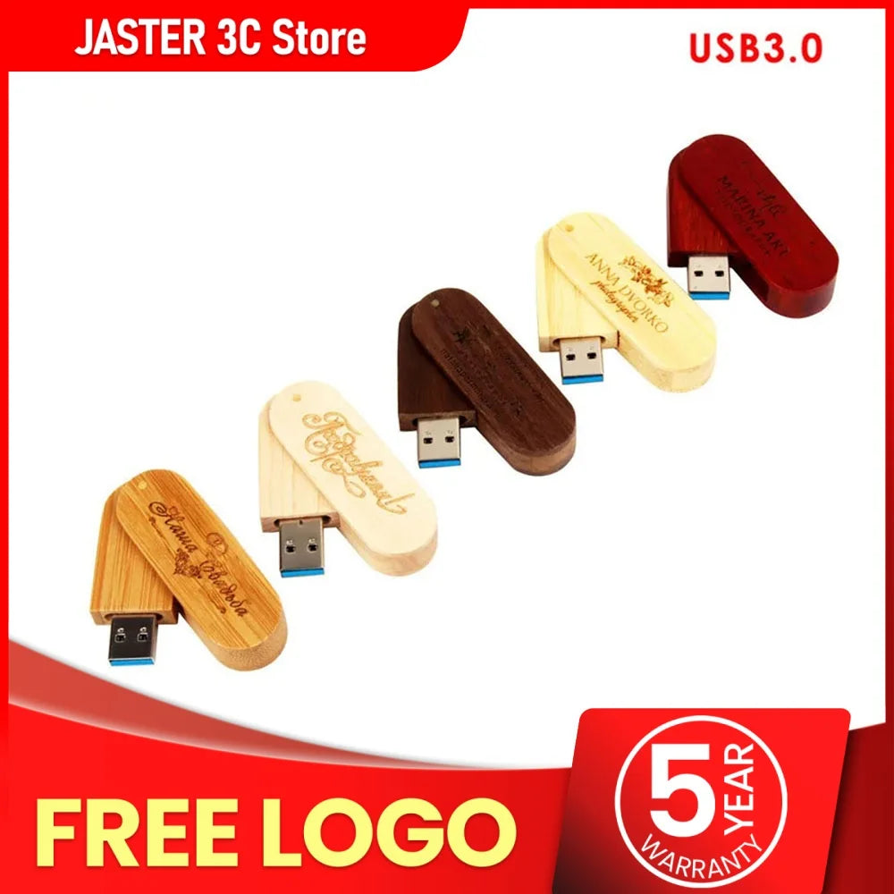 JASTER USB 3.0 Rotatable Wooden Flash Pendrive Memory Stick Pen Drive 4GB 8GB 16GB 32GB 64GB 128GB Creativo Free Custom Logo