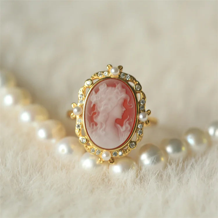 S925 Silver 18k Gold-plated Colorful Agate Relief Ring For Women Girls Vintage Beauty Girl Ring Fashion Jewelry Gift