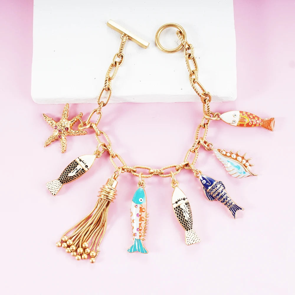 Bohemia Ocean Beauty Charms Bracelet Pulseras Bangle Hand Enamel Fishes Conch Seastar Tassel Pendants Toggle Bracelet Pulseras