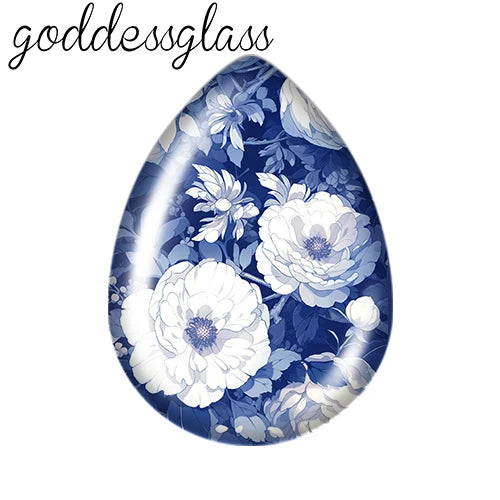 5pairs Beauty Chinese Blue Flowers Birds patterns Tear Drop Glass cabochon flat back DIY Earrings Jewelry Making Findings