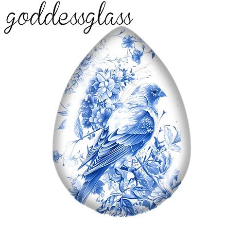 5pairs Beauty Chinese Blue Flowers Birds patterns Tear Drop Glass cabochon flat back DIY Earrings Jewelry Making Findings