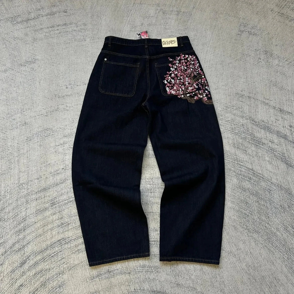 Hip-hop gold coin jeans Y2K retro low waist wide leg zipper pants y2k clothing men's fashion embroidered loose jeans