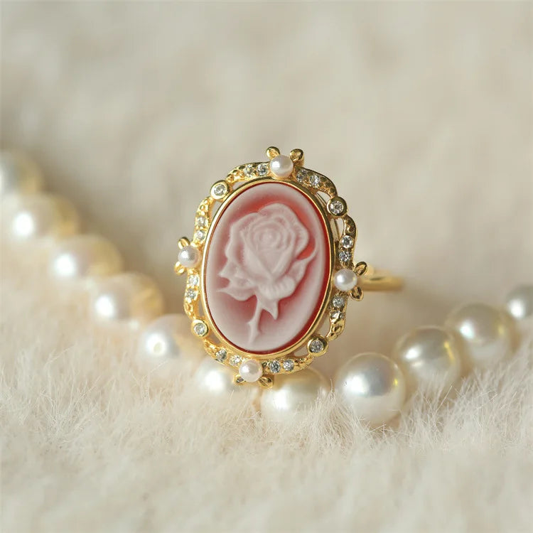 S925 Silver 18k Gold-plated Colorful Agate Relief Ring For Women Girls Vintage Beauty Girl Ring Fashion Jewelry Gift