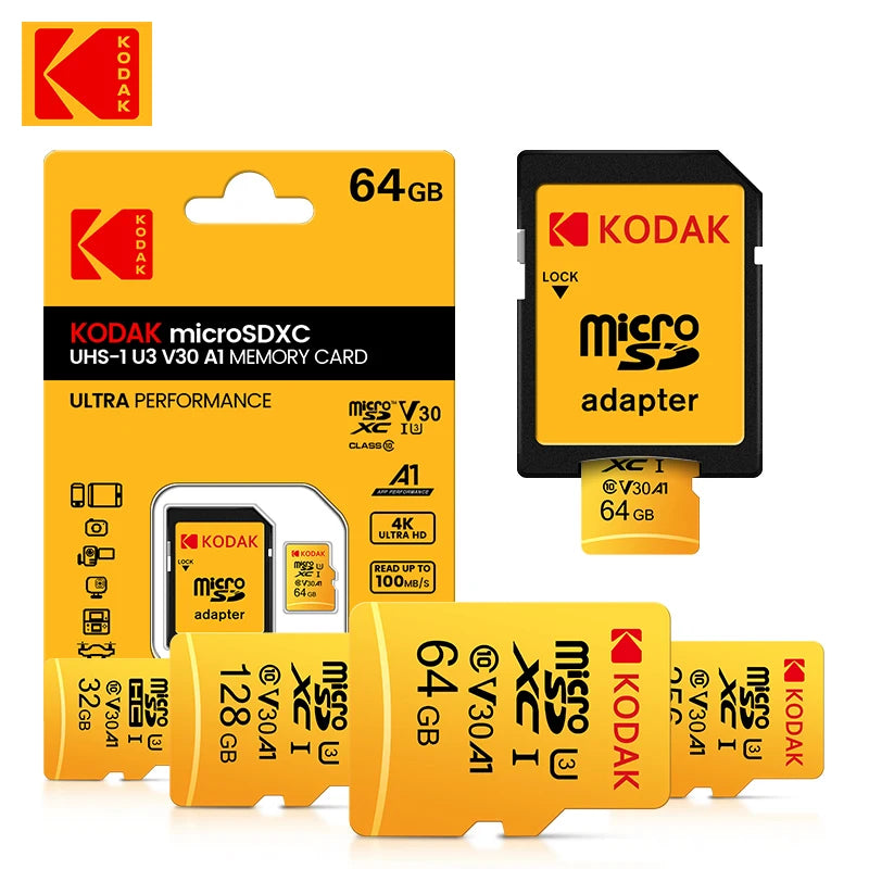 Original KODAK Memory Card 64GB 128GB 256GB U3 4K Micro SD Card 32GB SDHC UHS-I C10 A1 V30 TF Trans Flash Microsd