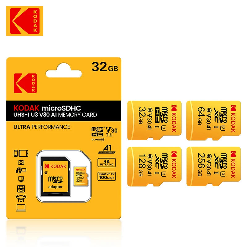 Original KODAK Memory Card 64GB 128GB 256GB U3 4K Micro SD Card 32GB SDHC UHS-I C10 A1 V30 TF Trans Flash Microsd