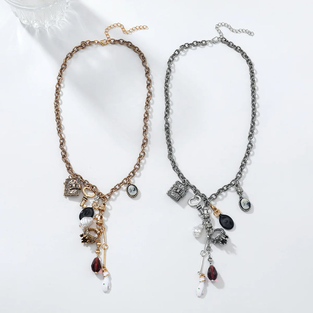 Exaggerated Book Love Key Beauty Head Imitation Pearl Pendant Sweater Chain Women Bohemian Style Necklace