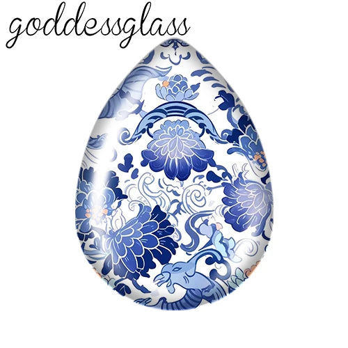 5pairs Beauty Chinese Blue Flowers Birds patterns Tear Drop Glass cabochon flat back DIY Earrings Jewelry Making Findings