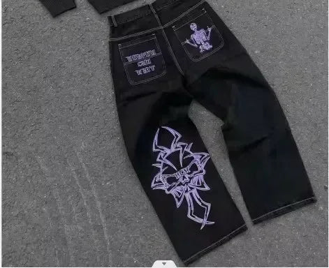 Streetwear Mens Womens Washed Dollar Zipper Embroidered Baggy Jeans Punk Rock Casual High Waisted Wide Leg Trousers Y2K