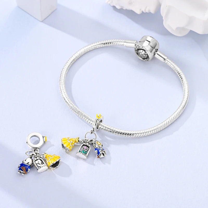 Beauty and the Beast and Rose Theme Three-Piece Set Pendant Charm Beads Fits 3mm Bracelets Necklace For Women Luxury DIY Jewelry
