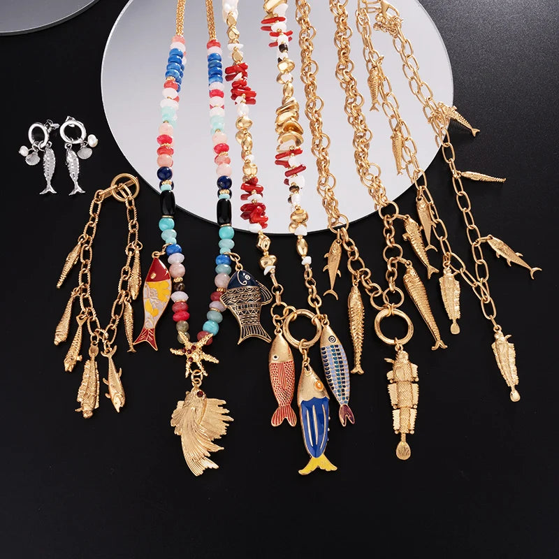 wealthyBoo Boemian Enamel Marine Life Charm Articulate Fish Pendant Necklace Chic Mermaid Conch Choker Ocean Beauty Accessories