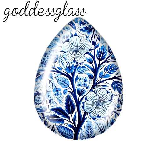 5pairs Beauty Chinese Blue Flowers Birds patterns Tear Drop Glass cabochon flat back DIY Earrings Jewelry Making Findings